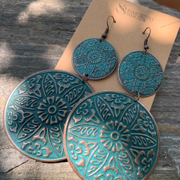 Turquoise Blue Patina Bohemian design Statement Earrings - Picture 1 of 5